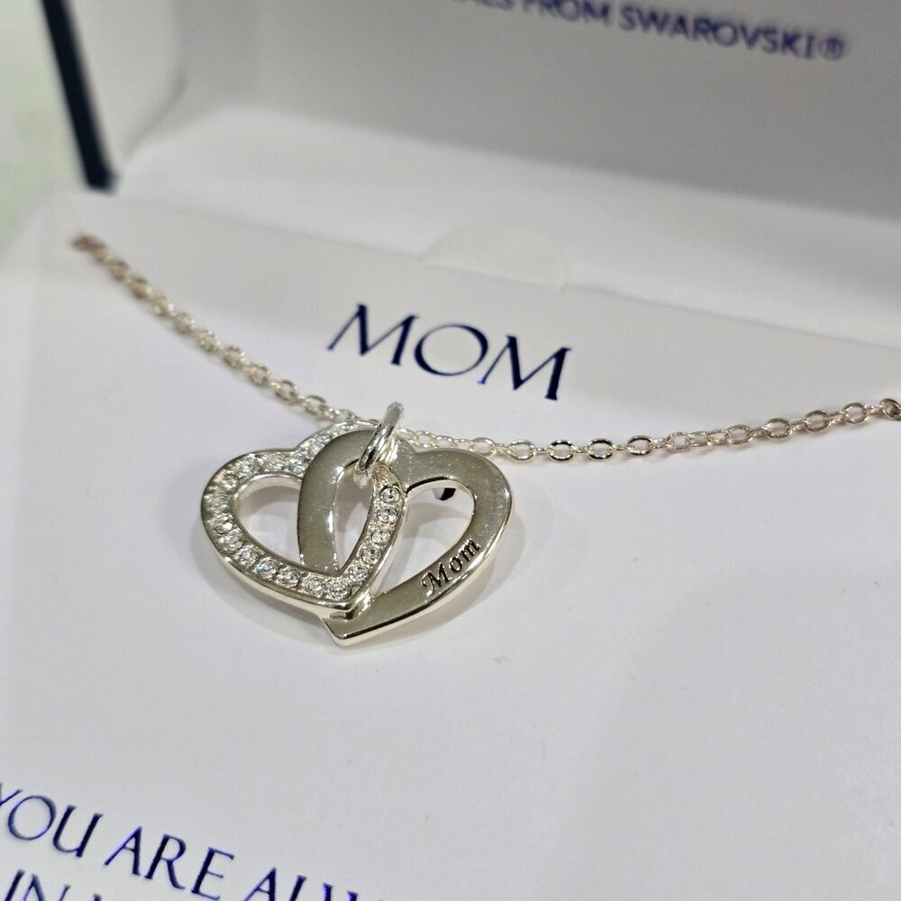 Sterling Silver ✦ Mom Double Heart Necklace ✦ Swarovski Crystal Pendant 18" NWT - Picture 3 of 7